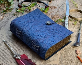 Floral Embossed Vintage Leather Journal, Antique Handmade Deckle Edge Paper Leather Bound Journal, Grimoire Sketch Drawing Notebook For Her