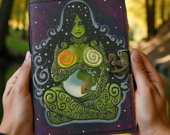 Mother Earth Goddess Leather Grimoire Journal Vintage Spell Book Handmade Witchcraft Notebook Blank Book of Shadows Spiritual Gift for Women