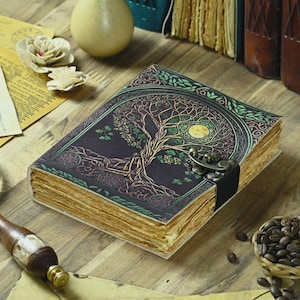 400 pages Tree of Life Grimoire Leather Journal for Women and Men, Spell Notebook book of shadows Handmade Deckle Edge Paper Diary With Lock