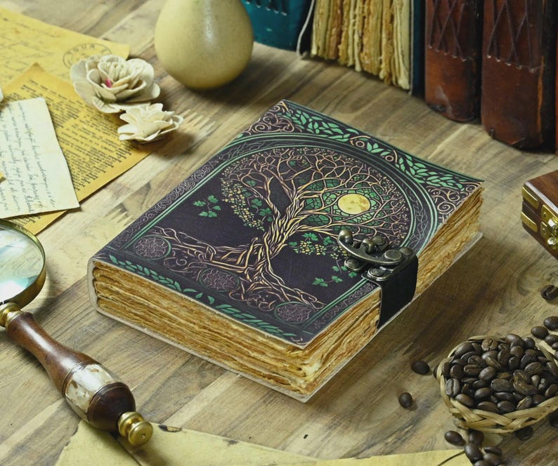 400 pages Tree of Life Grimoire Leather Journal for Women and Men, Spell Notebook book of shadows Handmade Deckle Edge Paper Diary With Lock