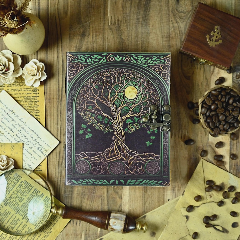 400 pages Tree of Life Grimoire Leather Journal for Women and Men, Spell Notebook book of shadows Handmade Deckle Edge Paper Diary With Lock