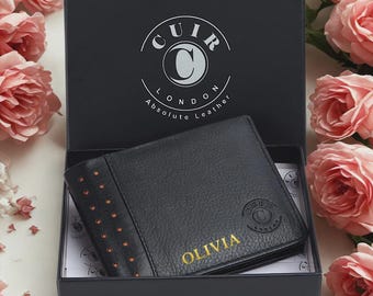 Personalized Black Leather Wallet Custom Engraved Bifold Men’s Wallet Minimalist Gift for Him Dad Husband Grandpa Son Father’s Day Christmas