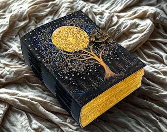 400 Page Grimoire Leather Journal With Tree of Life Design Vintage Book of Shadows, Witchcraft Blank Spell Notebook Celestial Gifts For Him