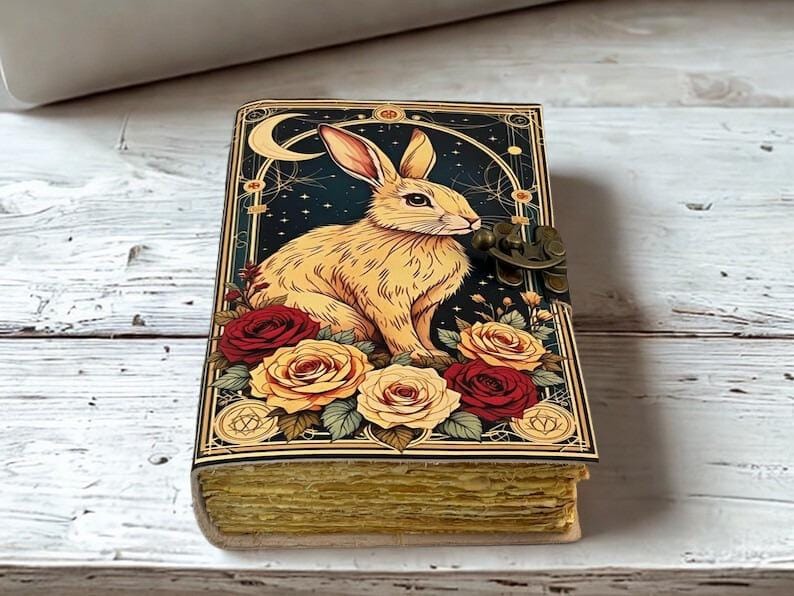 Large 400 Pages Rabbit Grimoire Leather Journal Notebook Journal for women, Handmade Vintage Grimoire Spell Book of Shadows, Witch Notebook