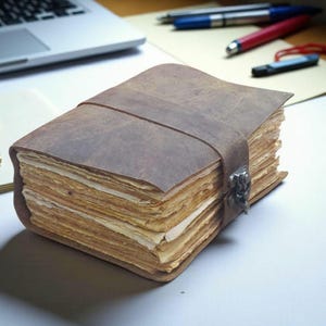 May include: A handmade leather journal with a strap closure. The journal has a worn, brown cover and thick, aged paper pages. The strap is secured with a metal clasp. The journal is open, revealing the many pages.