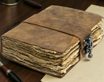 Rustic Brown Grimoire Leather Journal: Antique Deckle Edge Paper Blank Spell Book of Shadows Travel Notebook Sketchbook Gift For Men Women