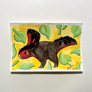 Pintura de acuarela de un pequeño dinosaurio de dibujos animados, fósiles de animales lindos, cursi, pastel, naturaleza, paleontología, hecho a mano, pintura