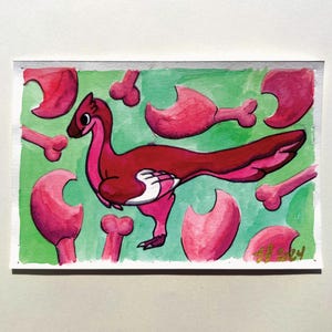 Pintura de acuarela de un pequeño dinosaurio de dibujos animados, fósiles de animales lindos, cursi, pastel, naturaleza, paleontología, hecho a mano, pintura