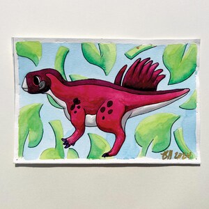 Pintura de acuarela de un pequeño dinosaurio de dibujos animados, fósiles de animales lindos, cursi, pastel, naturaleza, paleontología, hecho a mano, pintura