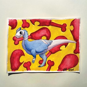 Pintura de acuarela de un pequeño dinosaurio de dibujos animados, fósiles de animales lindos, cursi, pastel, naturaleza, paleontología, hecho a mano, pintura