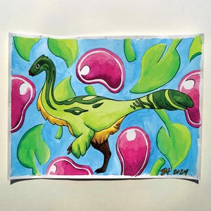 Gallimimus - Pequeño dinosaurio de dibujos animados - Acuarela, fósiles de animales lindos, cursi, pastel, naturaleza, paleontología, hecho a mano, pintura