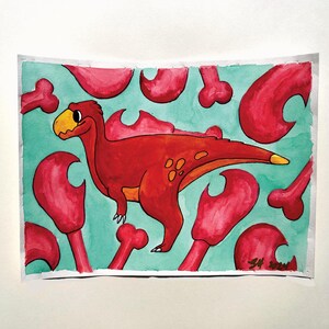 Pintura de acuarela de un pequeño dinosaurio Megalosaurio, fósiles de animales adorables, cursi, pastel, naturaleza, paleontología, hecho a mano, pintura