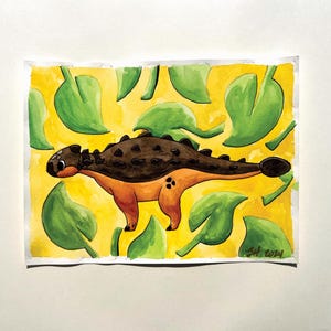 Pinacosaurio, pequeño dinosaurio de dibujos animados, acuarela, fósiles de animales lindos, cursi, pastel, naturaleza, paleontología, hecho a mano, pintura