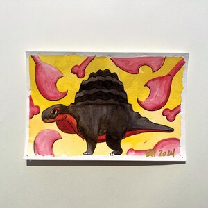 Pintura de acuarela de un pequeño dinosaurio de dibujos animados, fósiles de animales lindos, cursi, pastel, naturaleza, paleontología, hecho a mano, pintura