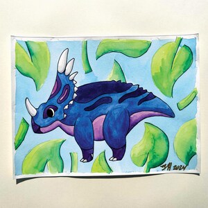 Styracosaurus, pequeño dinosaurio de dibujos animados, acuarela, fósiles de animales lindos, cursi, pastel, naturaleza, paleontología, hecho a mano, pintura