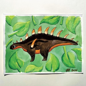 Kentrosaurus, pequeño dinosaurio de dibujos animados, acuarela, fósiles de animales lindos, cursi, pastel, naturaleza, paleontología, hecho a mano, pintura
