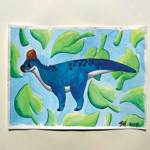 Corythosaurus, pequeño dinosaurio de dibujos animados, acuarela, fósiles de animales lindos, cursi, pastel, naturaleza, paleontología, hecho a mano, pintura