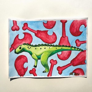 Pintura de acuarela de un pequeño dinosaurio de dibujos animados, fósiles de animales lindos, cursi, pastel, naturaleza, paleontología, hecho a mano, pintura