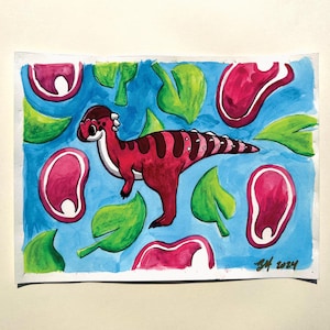 Paquicefalosaurio, pequeño dinosaurio de dibujos animados, acuarela, fósiles de animales lindos, cursi, pastel, naturaleza, paleontología, hecho a mano, pintura