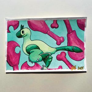 Microraptor, pequeño dinosaurio de dibujos animados, acuarela, fósiles de animales lindos, cursi, pastel, naturaleza, paleontología, hecho a mano, pintura