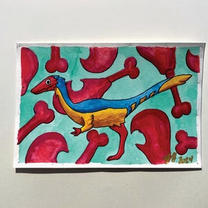 Pintura de acuarela de un pequeño dinosaurio Compsognathus, fósiles de animales adorables, cursi, pastel, naturaleza, paleontología, hecho a mano, pintura