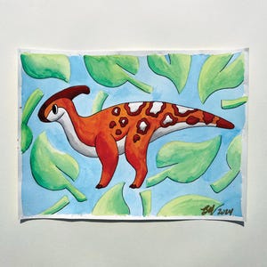 Parasaurolophus, pequeño dinosaurio de dibujos animados, acuarela, fósiles de animales lindos, cursi, pastel, naturaleza, paleontología, hecho a mano, pintura