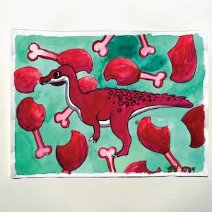 Pintura de acuarela de un pequeño dinosaurio de dibujos animados Baryonyx, fósiles de animales lindos, cursi, pastel, naturaleza, paleontología, hecho a mano, pintura
