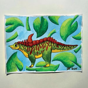 Pintura de acuarela de un pequeño dinosaurio de dibujos animados Desmatosuchus, fósiles de animales lindos, cursi, pastel, naturaleza, paleontología, hecho a mano, pintura