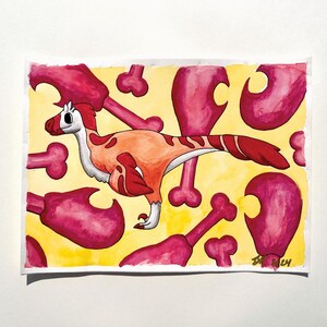 Pintura de acuarela de un pequeño dinosaurio Utahraptor, fósiles de animales adorables, cursi, pastel, naturaleza, paleontología, hecho a mano, pintura