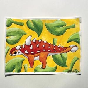 Euoplocephalus, pequeño dinosaurio de dibujos animados, acuarela, fósiles de animales lindos, cursi, pastel, naturaleza, paleontología, hecho a mano, pintura