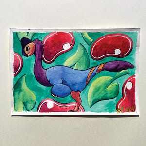 Pintura de acuarela de un pequeño dinosaurio oviraptor, fósiles de animales adorables, cursi, pastel, naturaleza, paleontología, hecho a mano, pintura