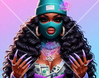 Melanin Black Woman Wearing Ski mask With Long Nails Hoop Earrings Long Hair Swag Black Girl Magic SVG PNG JPG Cut Design Files Print Art
