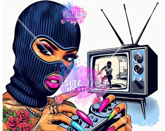 Melanin Black Woman With Long Nails Skimask & Game Controller Gaming Girl Boss Girl Swag Black Girl Magic SVG PNG JPG Cut Files Print Art