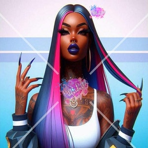 May include: A digital illustration of a woman with long, black hair with pink and blue streaks. She is wearing a white tank top, a black jacket with a yellow "PANERA" logo, and has multiple tattoos on her arms and chest.