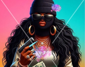 Melanin Black Woman Wearing Ski mask Long Nails Hoops Earrings Swag Black Girl Gangster Black Girl Magic SVG PNG JPG Cut Files Print Artwork