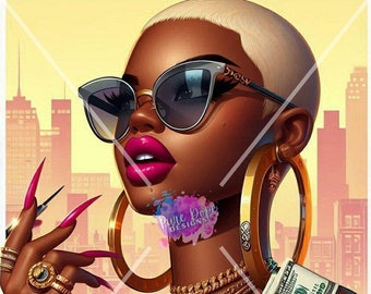 Melanin Black Woman With Classy Low Cut With Money Wearing Sunglasses & Long Nails Hoop Earrings Afro SVG PNG JPG Cut Files Print Artwork