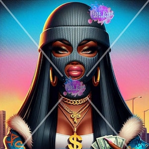 May include: A woman wearing a black balaclava, a gold chain necklace, and a denim jumpsuit with a dollar sign charm. She is holding a wad of cash in her right hand and has long black hair.