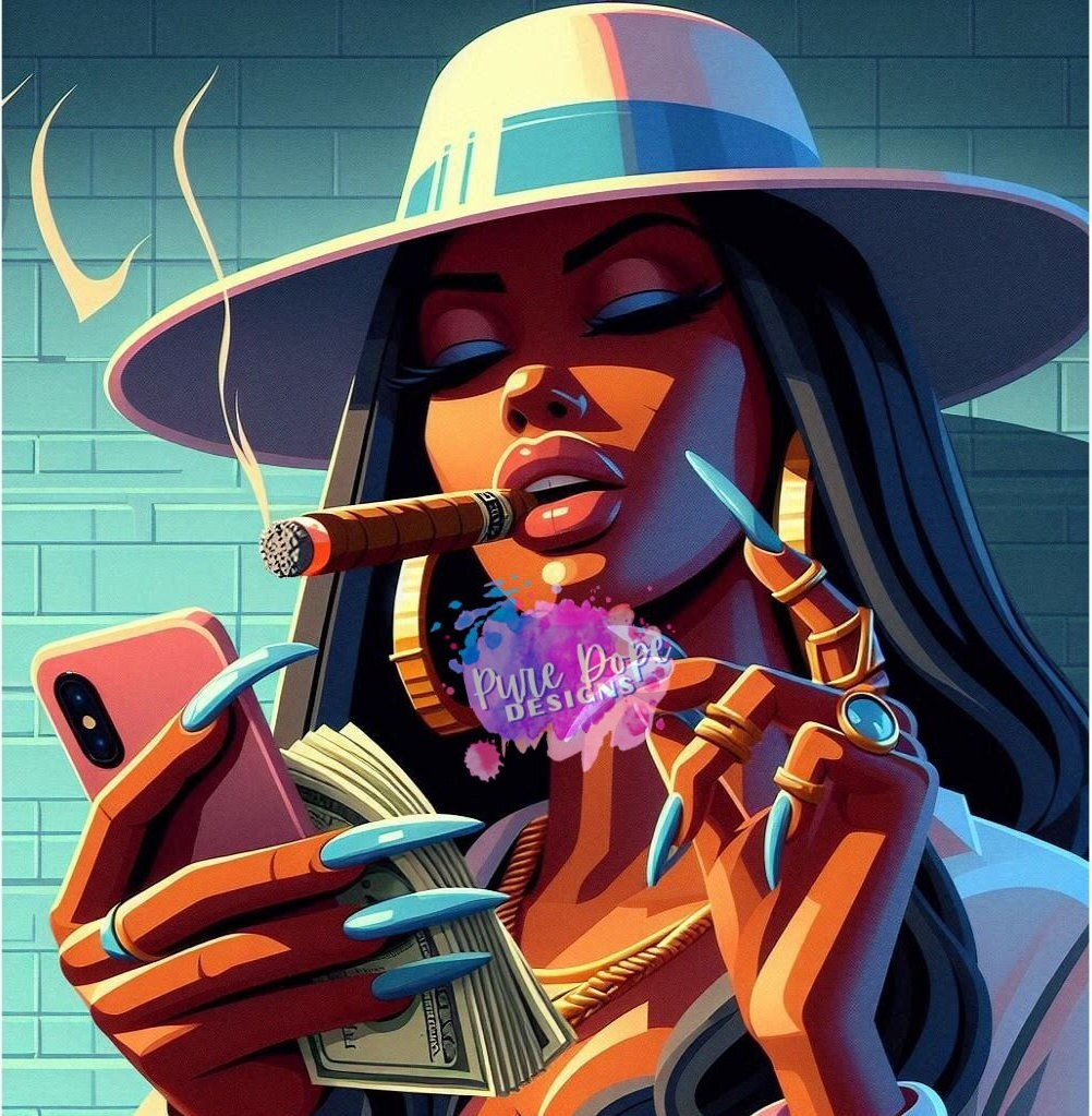 Melanin Black Woman Wearing Classy Fedora Hat Long Nails Hoop Earrings With Swag Smoking Cigar With Money SVG PNG JPG Cut File Print Artwork