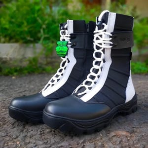 Black and White Leather Combat Boots | Tactical Ninja Boots for Men & Women | Waterproof Hiking and Security Shoes | Black and white boots