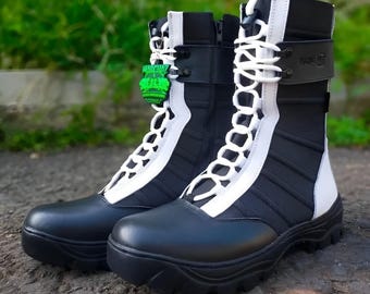 Handmade Leather Combat Boots: Black & White Tactical Hiking Shoes