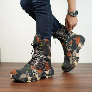 Camo veiligheidslaarzen voor heren | Wandelschoenen met stalen neus | Duurzame werklaarzen voor buiten | Camouflagelaarzen in militaire stijl voor wandelen en toeren