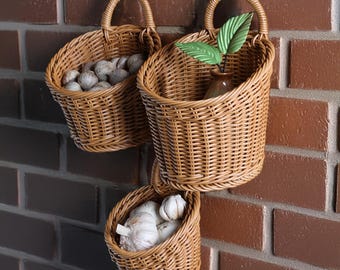 Hand-Woven Plastic Wicker Hanging Basket: Wall-Mounted Kitchen Organizer