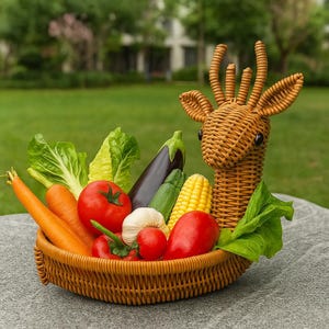 Handwoven Animal Rattan Basket Set Cute Wicker Storage for Fruit, Bread, Snacks, Picnic & Home Decor Shoes, Deer, Elephant, Turkey, Squirrel