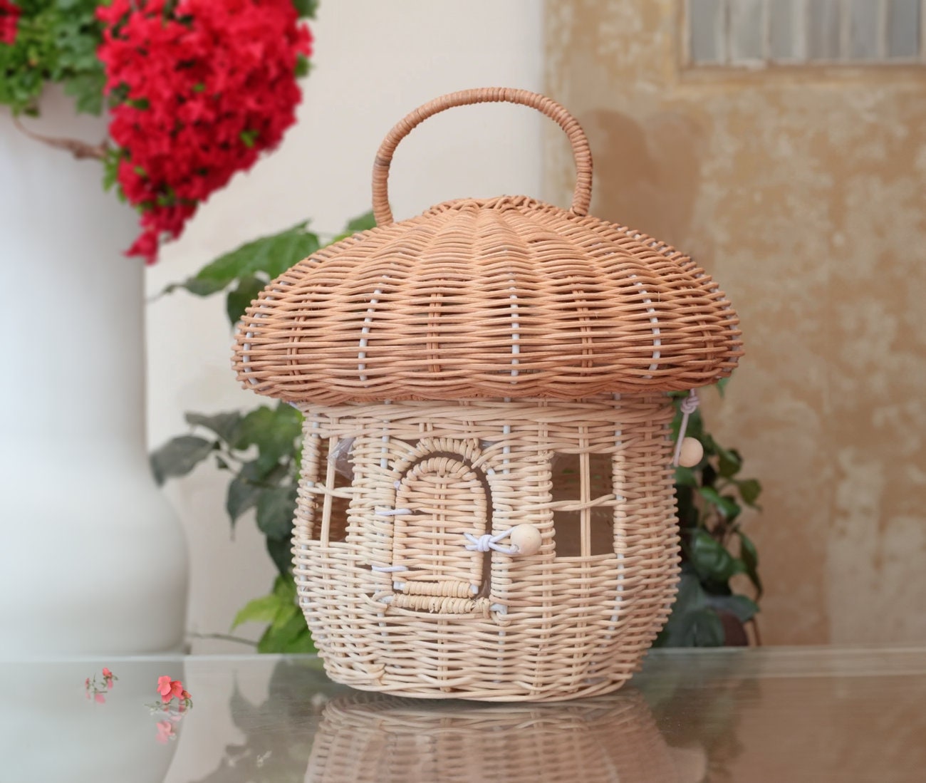 Rattan Woven Mushroom Basket Decoration Summer Portable Children Woven Bags Outdoor Vacation Picnic Baskets Kids Toy Sundries Organizer