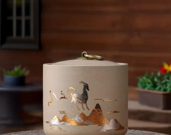 Handcrafted Ceramic Tea Jar with Gold Detailing – Sealed Storage Canister for Black Tea, Puer, Coffee, Kitchen Spices – Multiple Styles