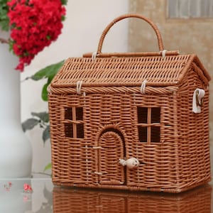 Handgefertigte Rattan Hausförmige Strohtasche | Summer Beach Wicker Umhängetasche | Schulter Handtasche | Boho Reisetasche | Einzigartiges Cartoon Häuschen