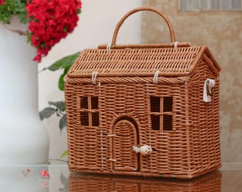 Handmade Rattan House-Shaped Straw Bag | Summer Beach Wicker Crossbody Bag | Shoulder Handbag | Boho Travel Purse | Unique Cartoon Cottage