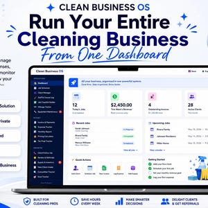 Puede incluir: Una interfaz de panel digital titulada Clean Business OS mostrada en una pantalla de computadora portátil. La interfaz presenta secciones para operaciones, dinero y crecimiento, incluyendo programación de trabajos, seguimiento de ingresos y facturas.