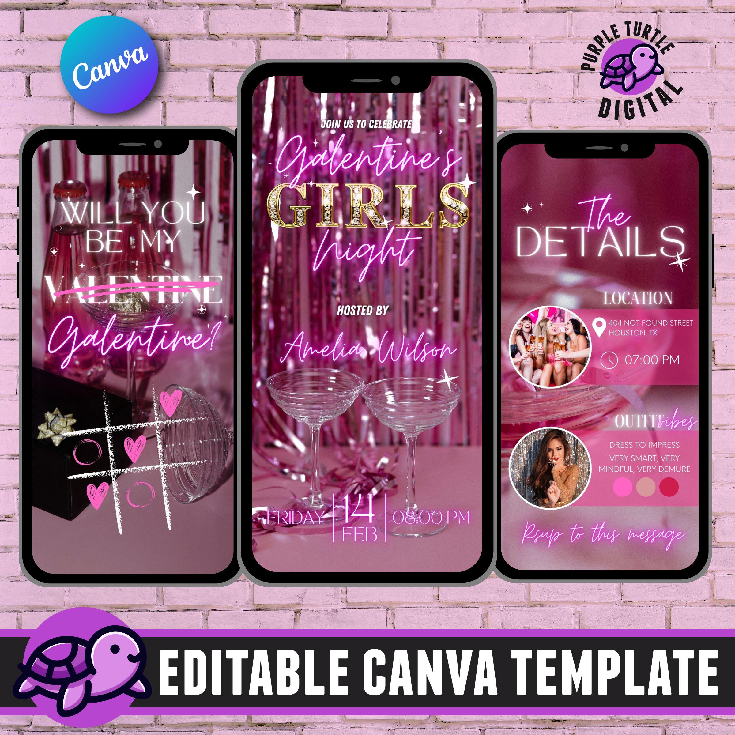 Galentines Girls Night Invitation Canva Template, Digital Pink ...