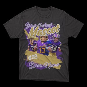 May include: A dark grey t-shirt with a purple and gold design featuring three young football players. The text "Your School Mascot" and "Your Name" are included in the design.